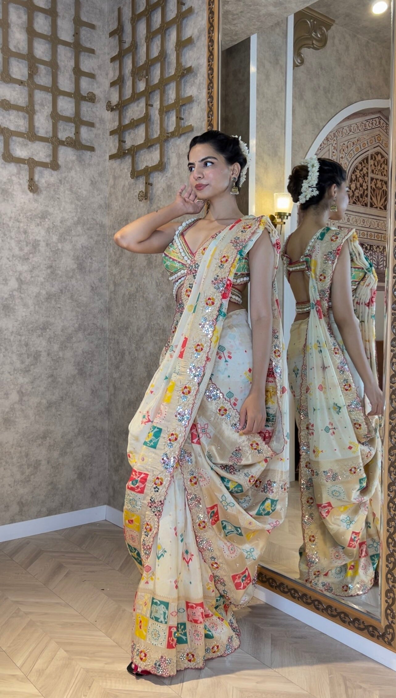 Graceful Cream Silk Saree with Thread Work & Mirror Embellishments