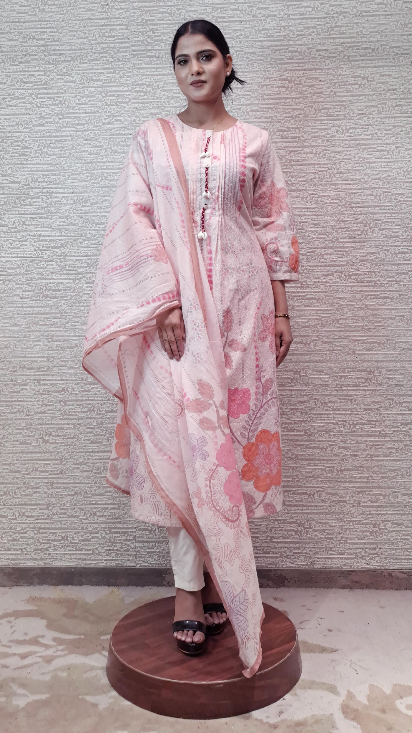 Classic Floral Pastel Cotton Suit With Self Embroidery