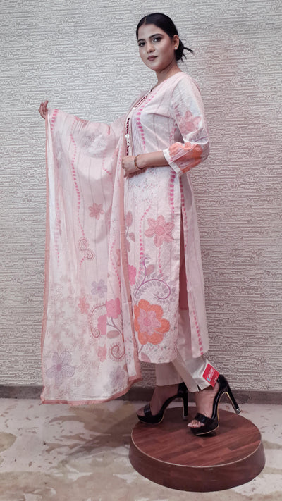 Classic Floral Pastel Cotton Suit With Self Embroidery