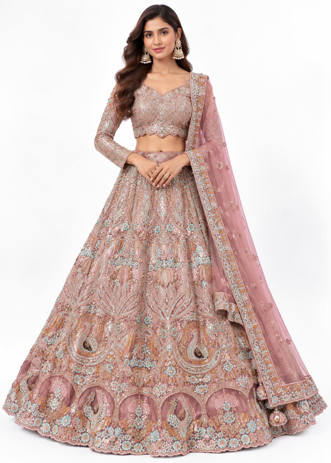 Dusty Rose Peacock Embroidered Bridal Lehenga
