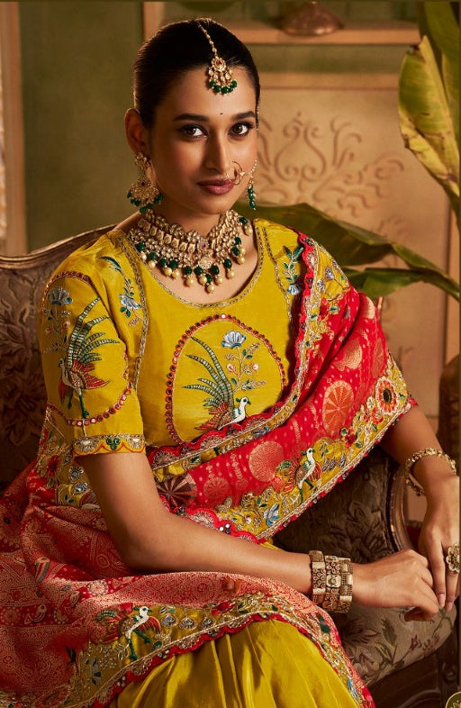 Regal Mustard Yellow & Crimson Red Saree with Exquisite Floral Secondary image