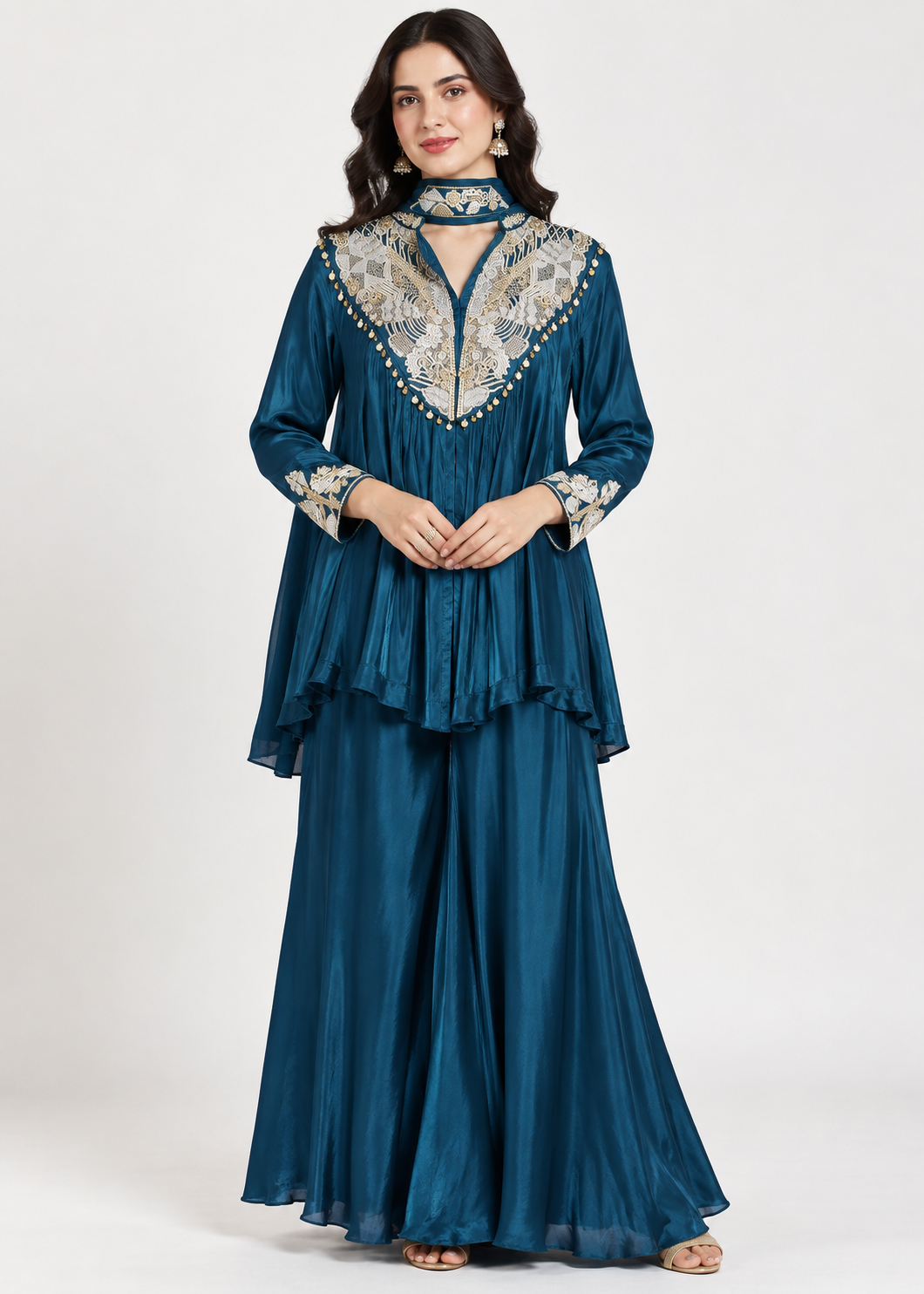 Teal Embroidered Palazzo Set with Choker Dupatta Main image
