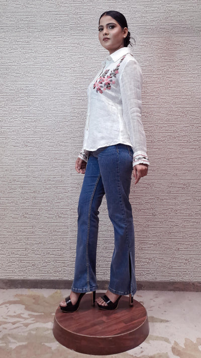 Classic Cotton Linen Shirt In Ivory Color With Floral Embroidery