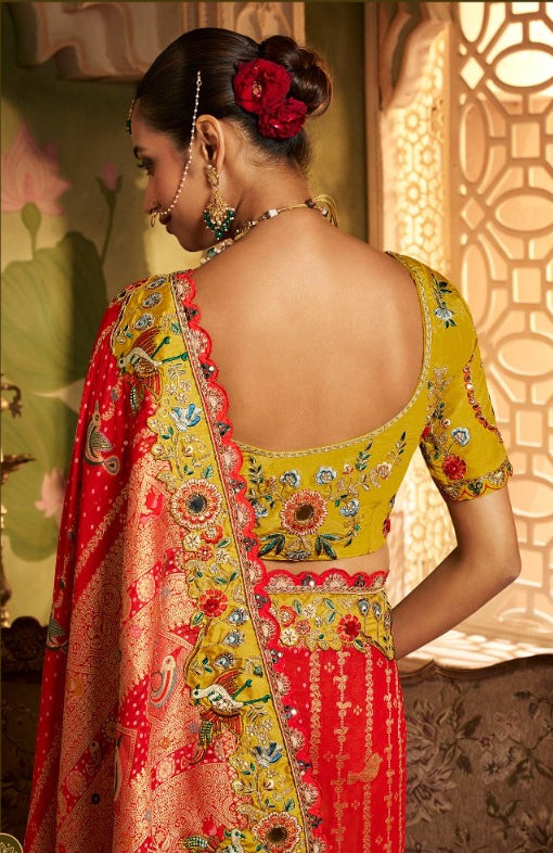 Regal Mustard Yellow & Crimson Red Saree with Exquisite Floral