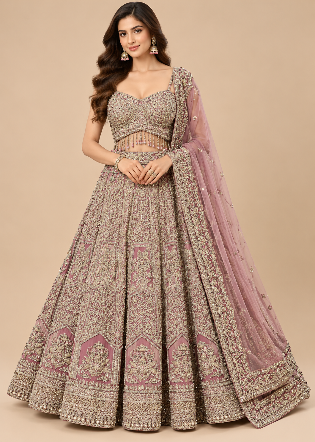 Mauve Pink Embroidered Bridal Lehenga Set