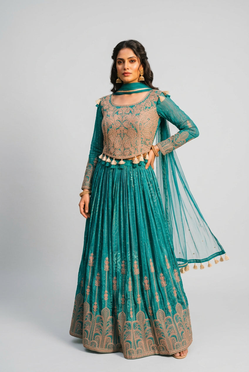 Teal Zardozi Embroidered Crop Top and Pleated Skirt Set