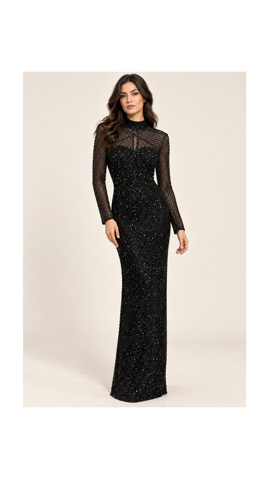 Midnight Black Shimmer Column Evening Gown