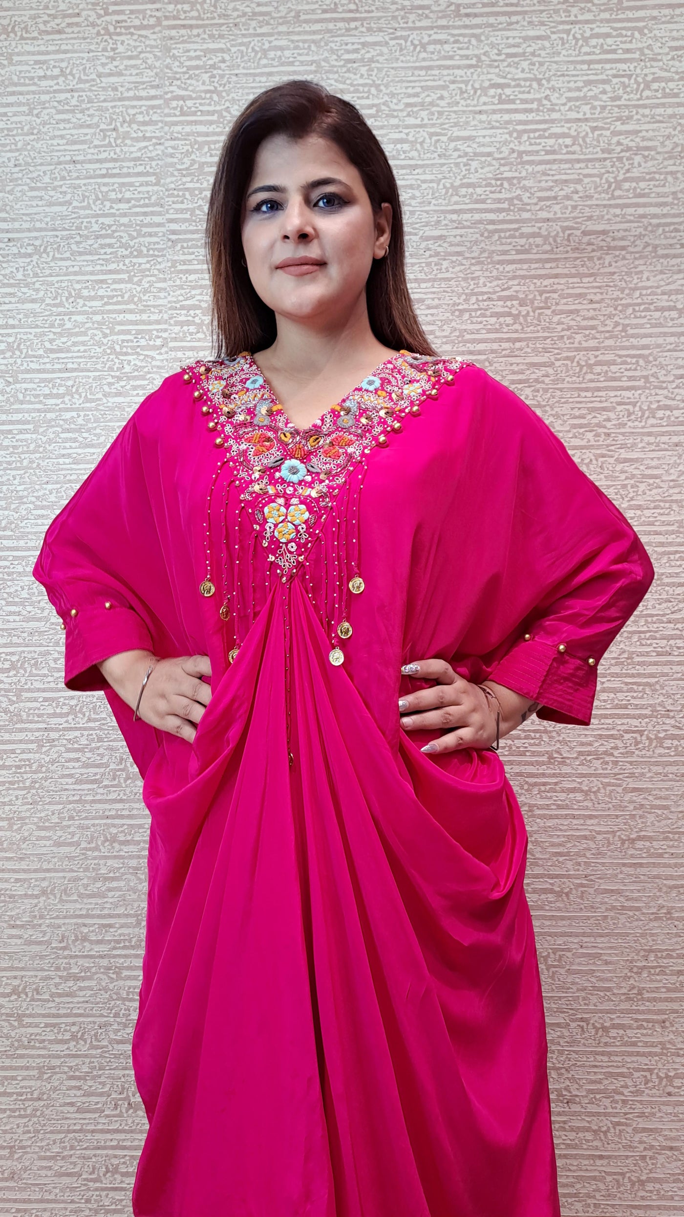 Glamourous Pink Kaftan Dress With Multi Color Resham Embroidery