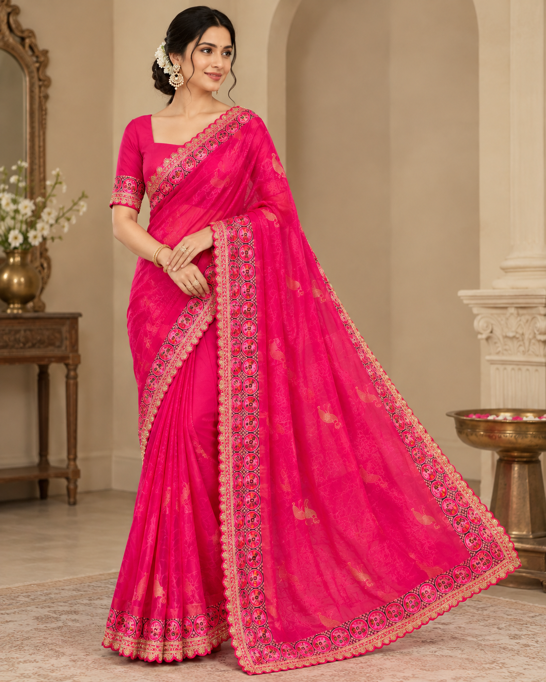 Vibrant Pink Saree with Unstitched Blouse