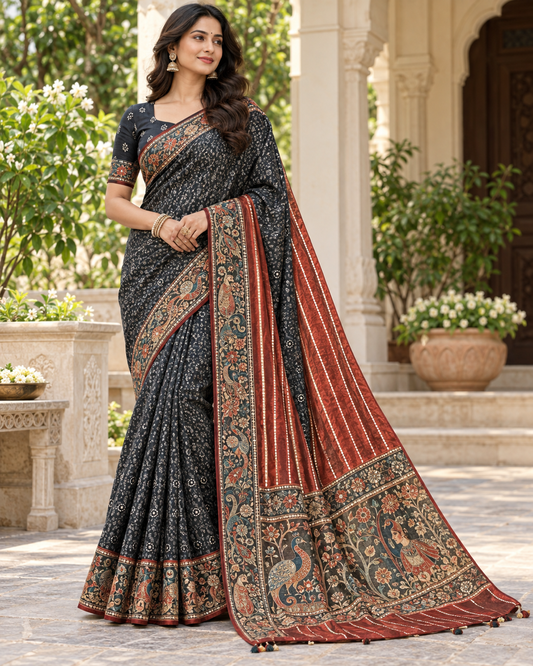 Elegant Charcoal Black Pichwai & Print Saree Main image