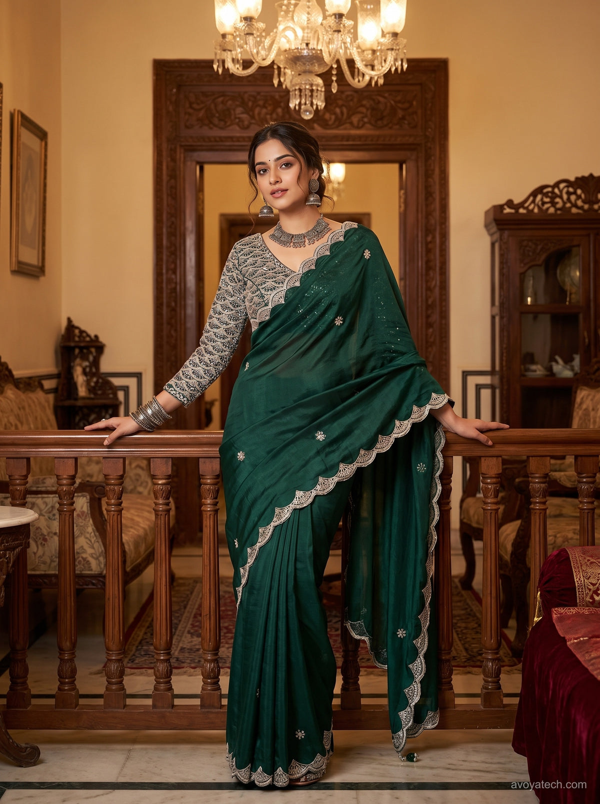 Dark Green Soft Fabric Saree with Silver Embroidered Scalloped Border