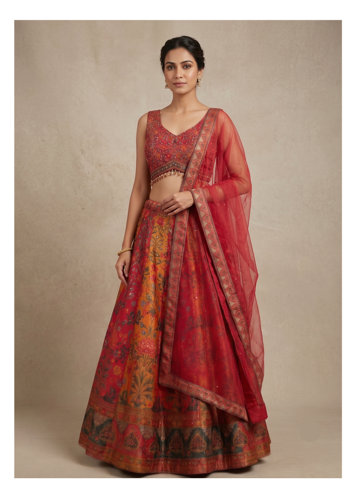 Rust Red Mughal Floral Printed Silk Lehenga Set Main image