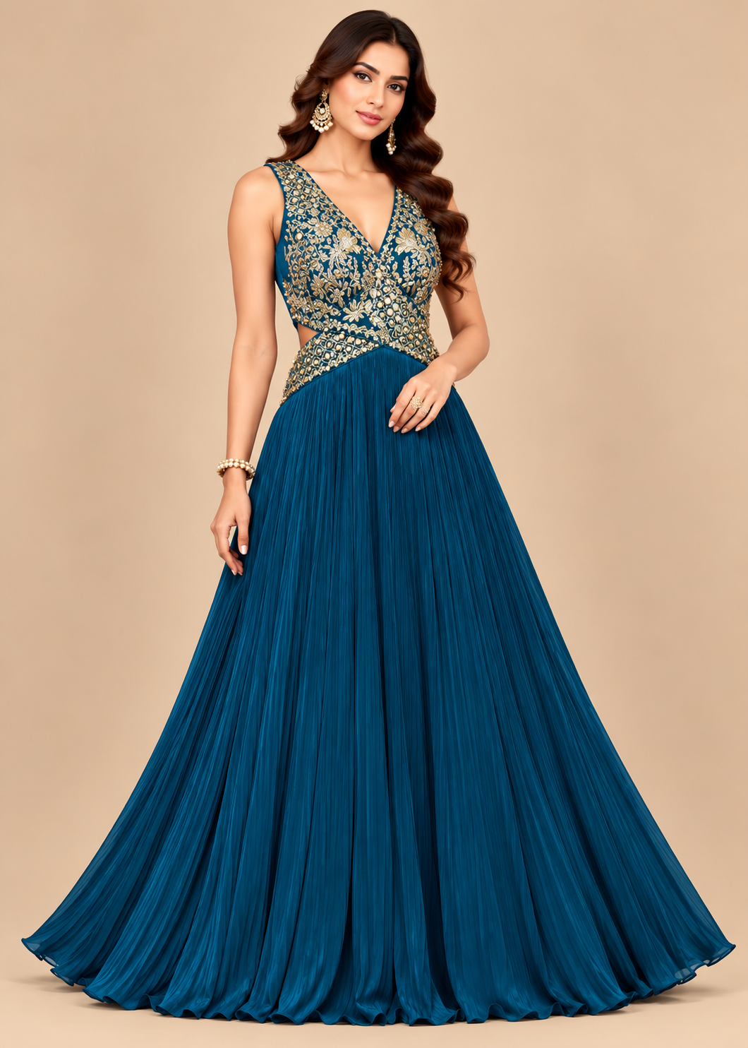 Teal Blue Mirror-Embroidered Gown