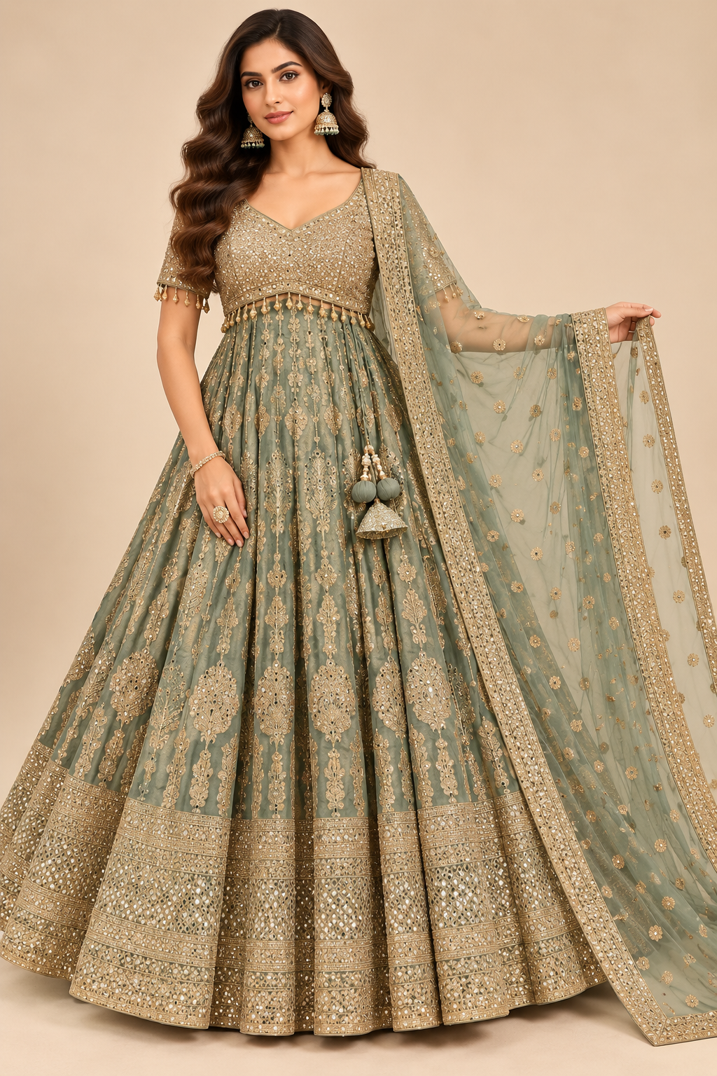 Sage Grey-Green Hand-Embroidered Silk Kalidar Lehenga Choli Set with Heavily Embellished Dupatta