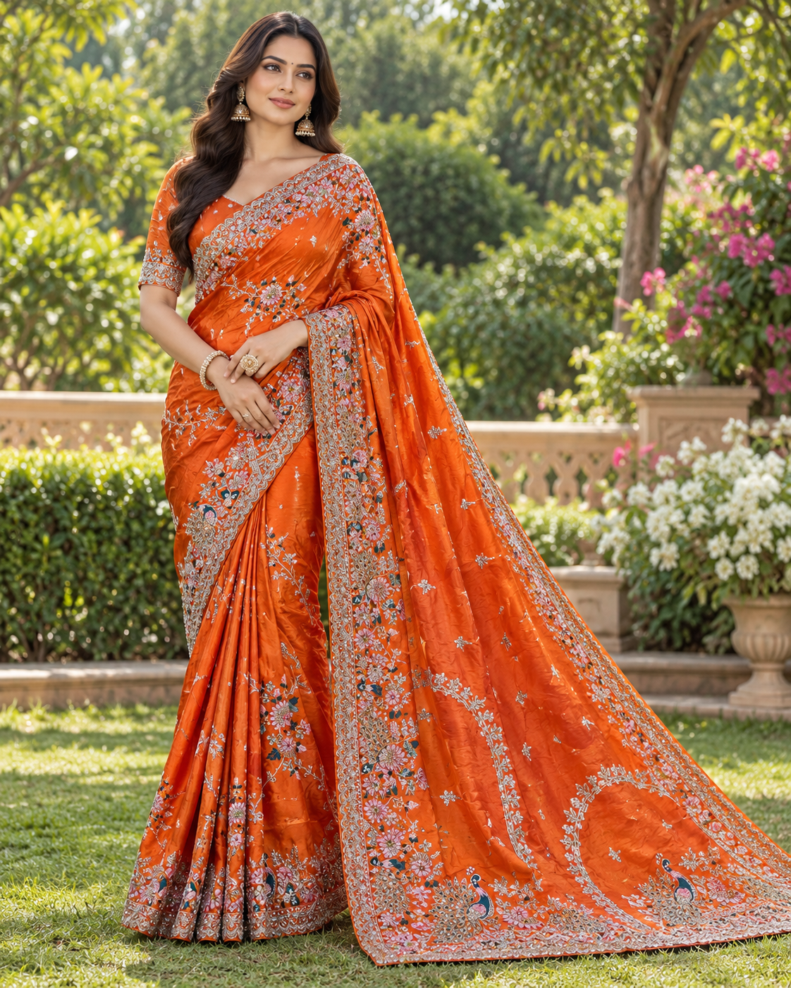 Rust Orange Silk Saree With Peacock Embroidery