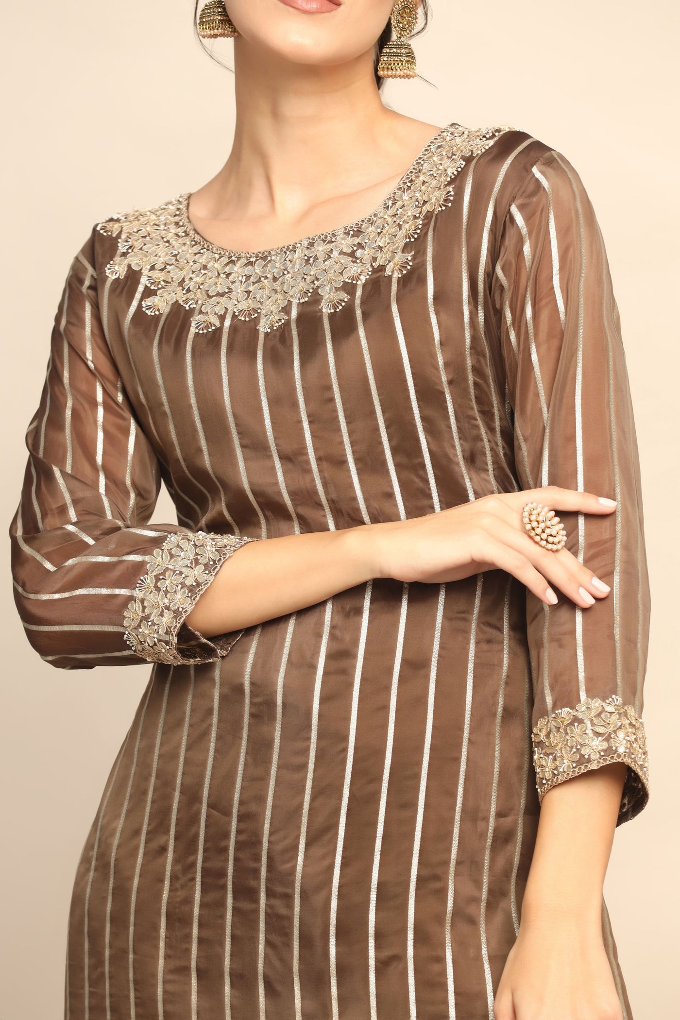 Luxurious Brown Silk Blend Suit with Beads, Gota Work, and Sequins