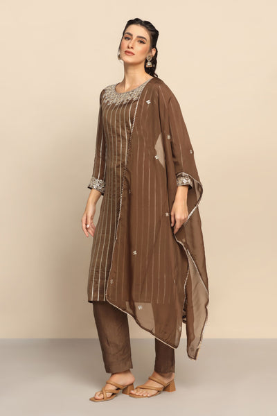 Luxurious Brown Silk Blend Suit with Beads, Gota Work, and Sequins