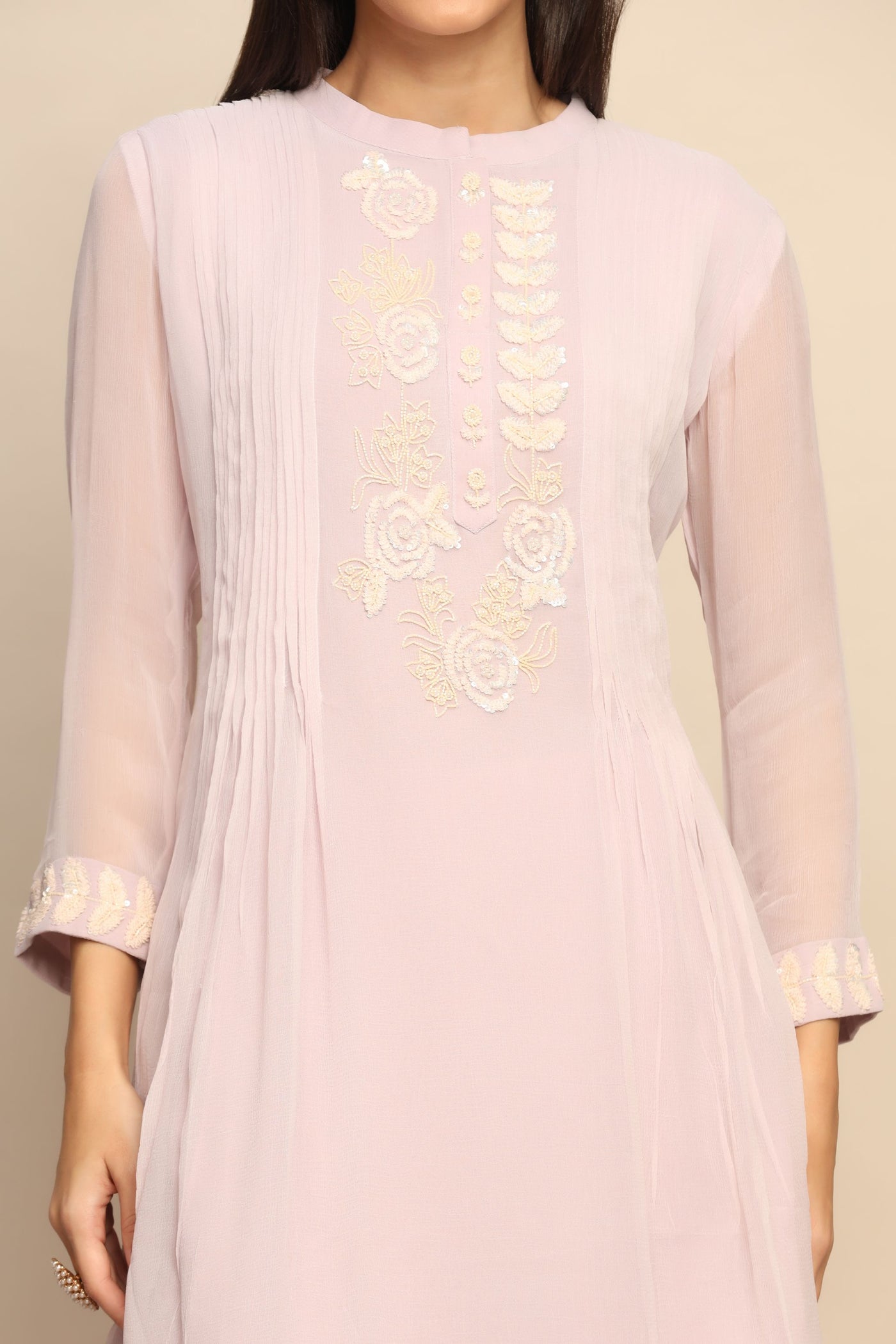 Elegant Baby Pink Dress with Cut Dana, Beads, and Sequins