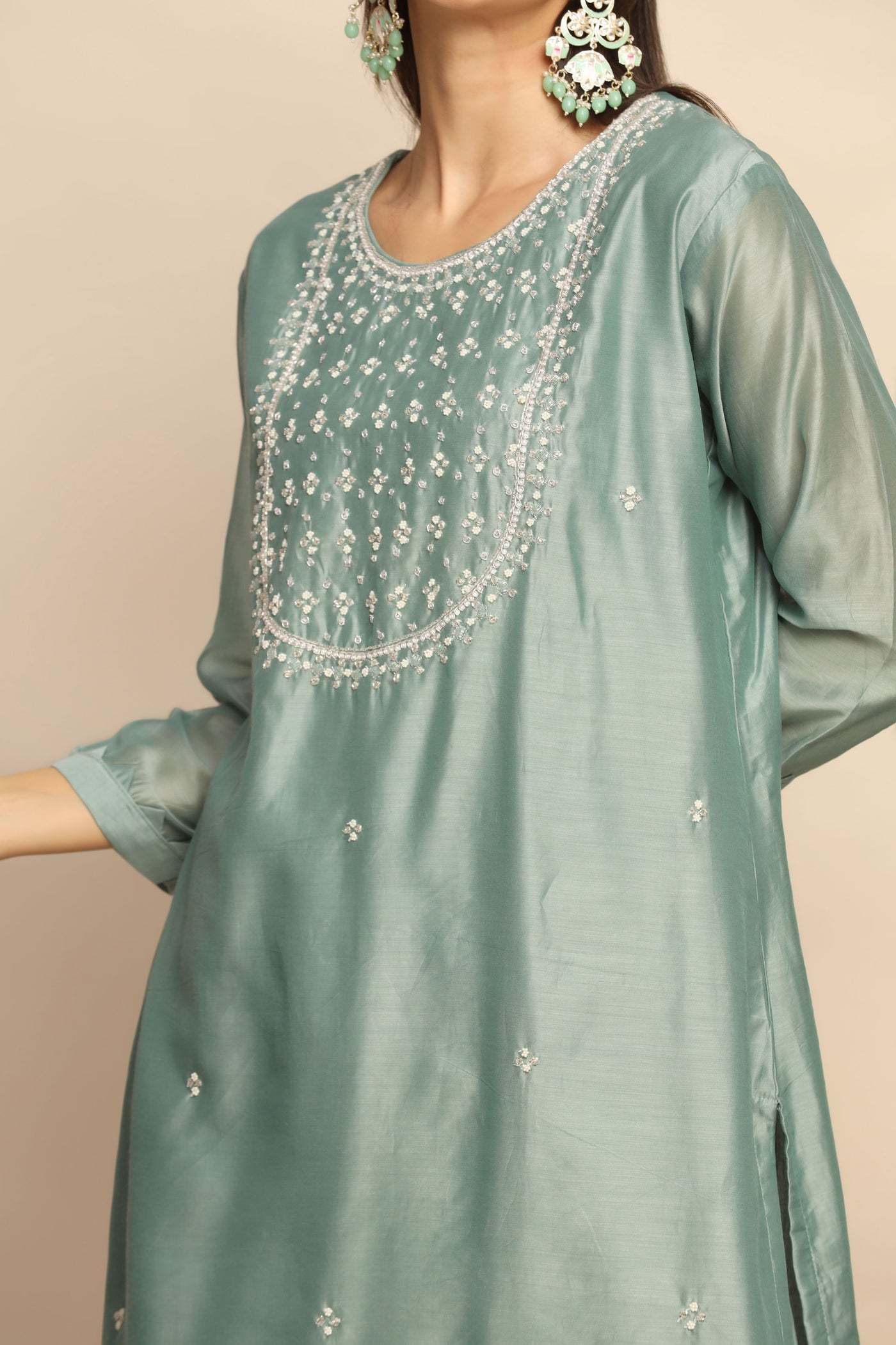 Elegant Mint Green Suit with Beads and Cut Dana
