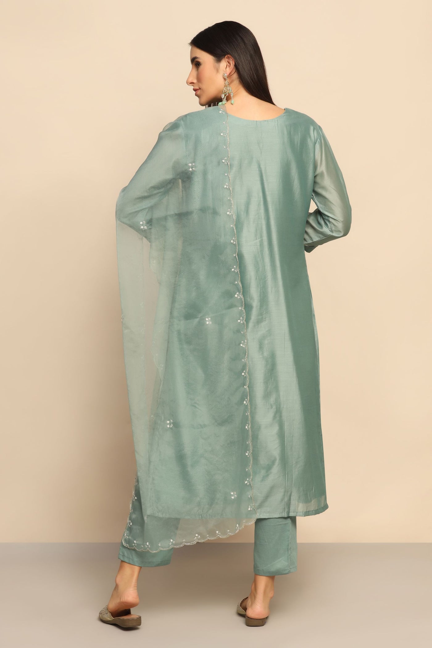 Elegant Mint Green Suit with Beads and Cut Dana