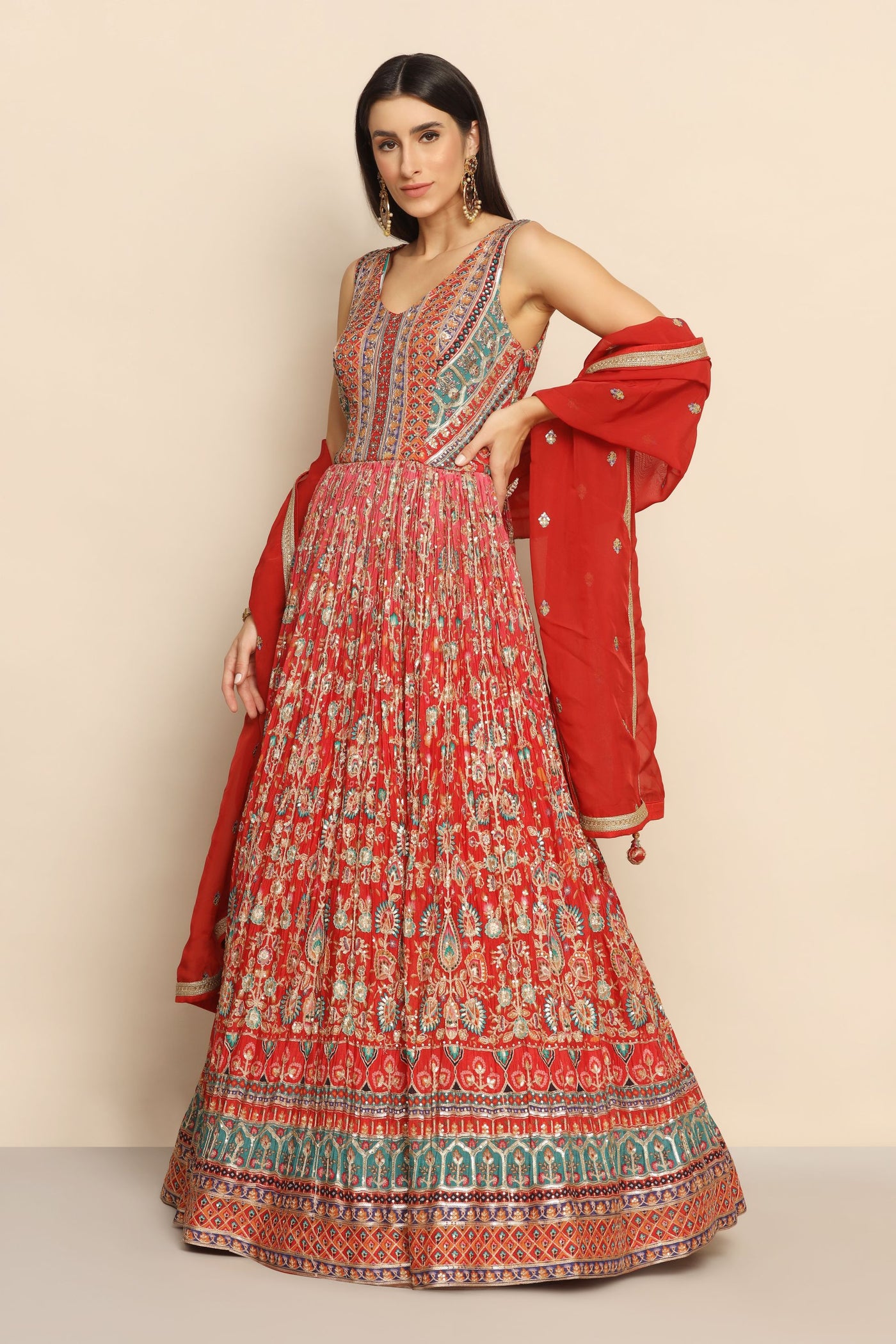 Captivating Red Dress with Sequins and Zari - Sparkle with Elegance