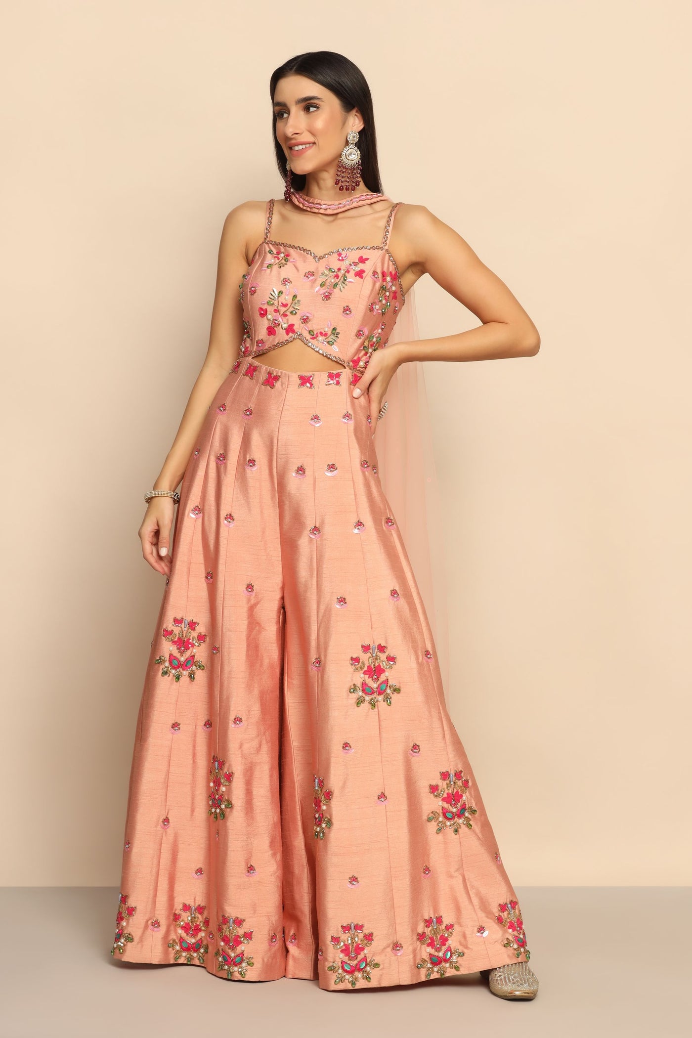 Elegant Peach Dress with Sequins, Beads, and Cut Dana