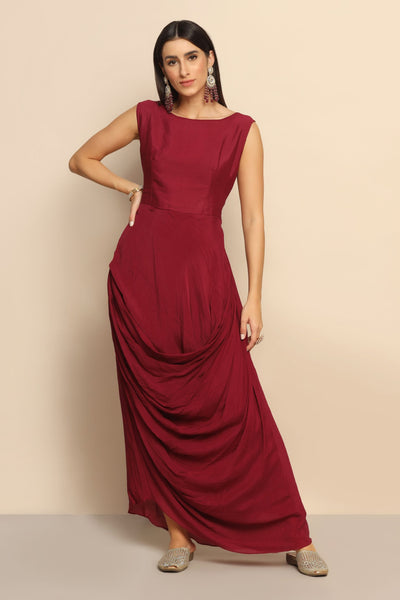 Reflective Sophistication: Wine Dress with Mirror Thread Work