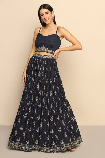 Elegant Navy Blue Printed Lehenga with Thread Work, Sequins, and Mirror - Embrace Contemporary Grace