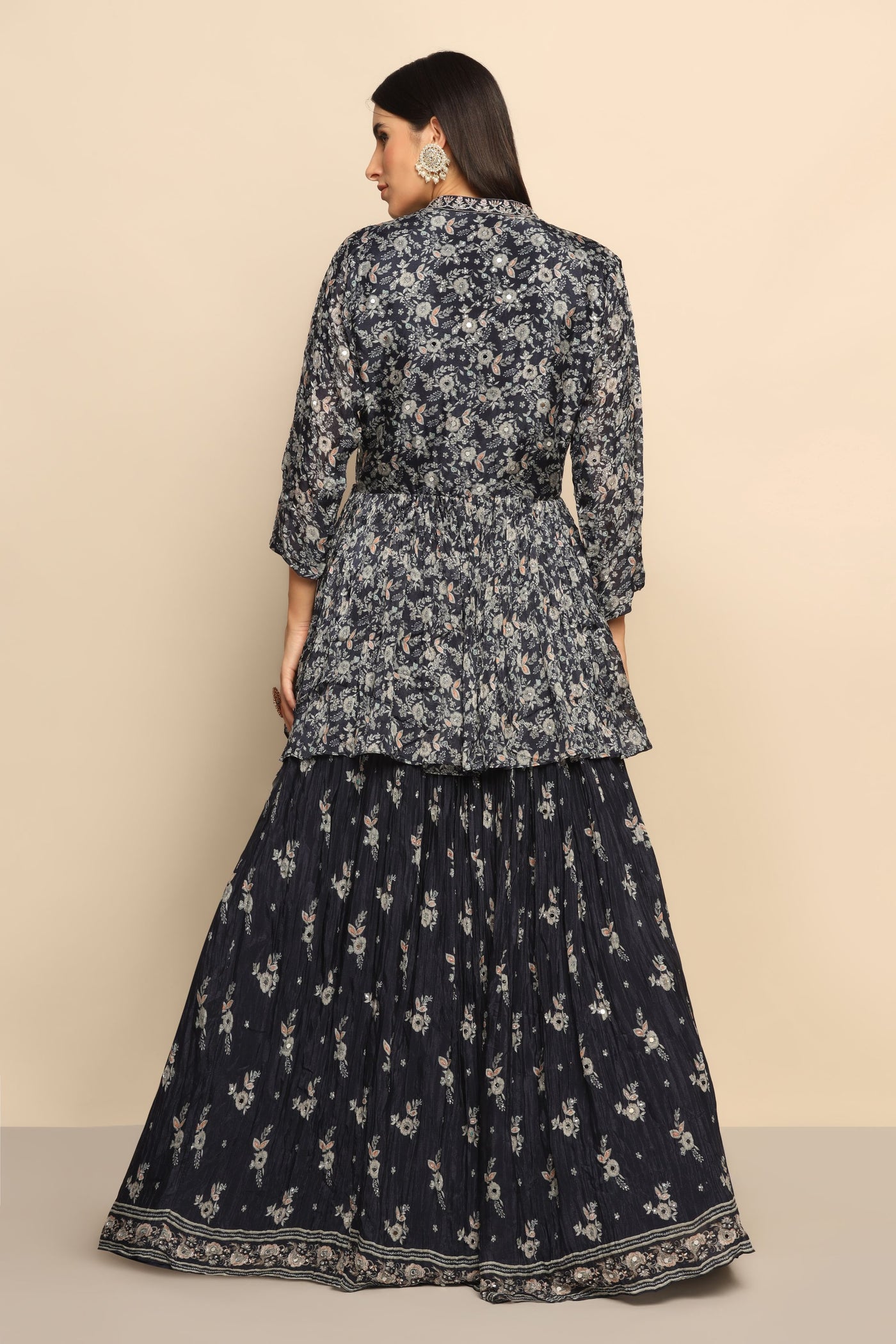 Elegant Navy Blue Printed Lehenga with Thread Work, Sequins, and Mirror - Embrace Contemporary Grace