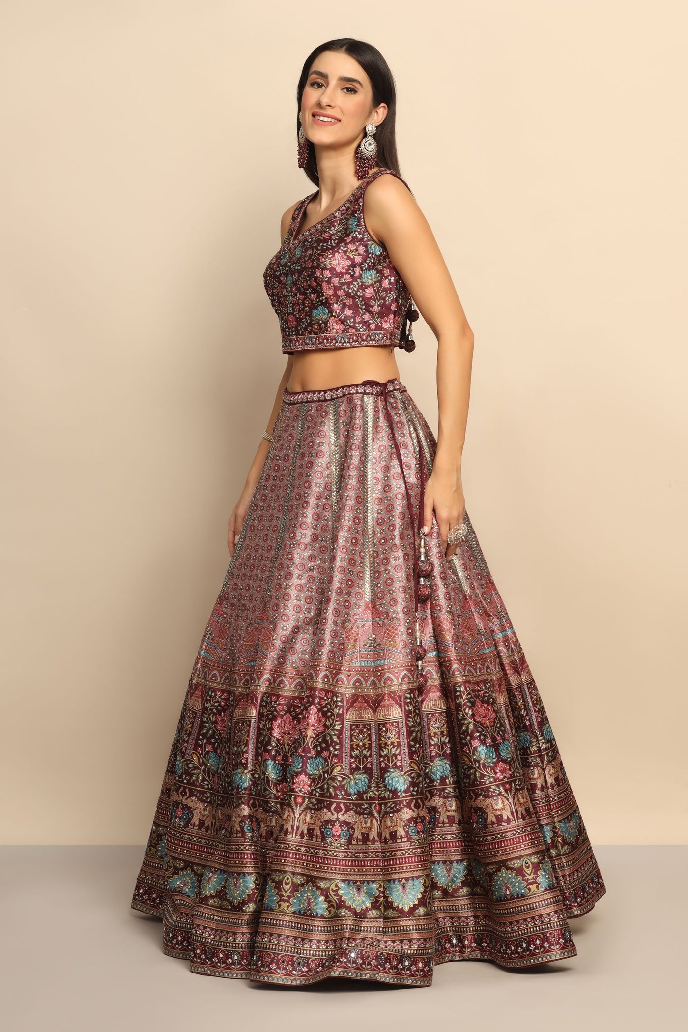 Glamorous Maroon Printed Lehenga with Swarovski Embellishments - Redefine Elegance