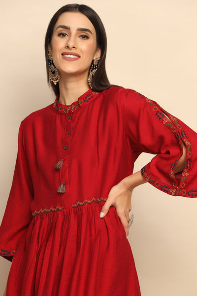 Exquisite Red Thread Work Tassel Dress - Embrace Effortless Elegance