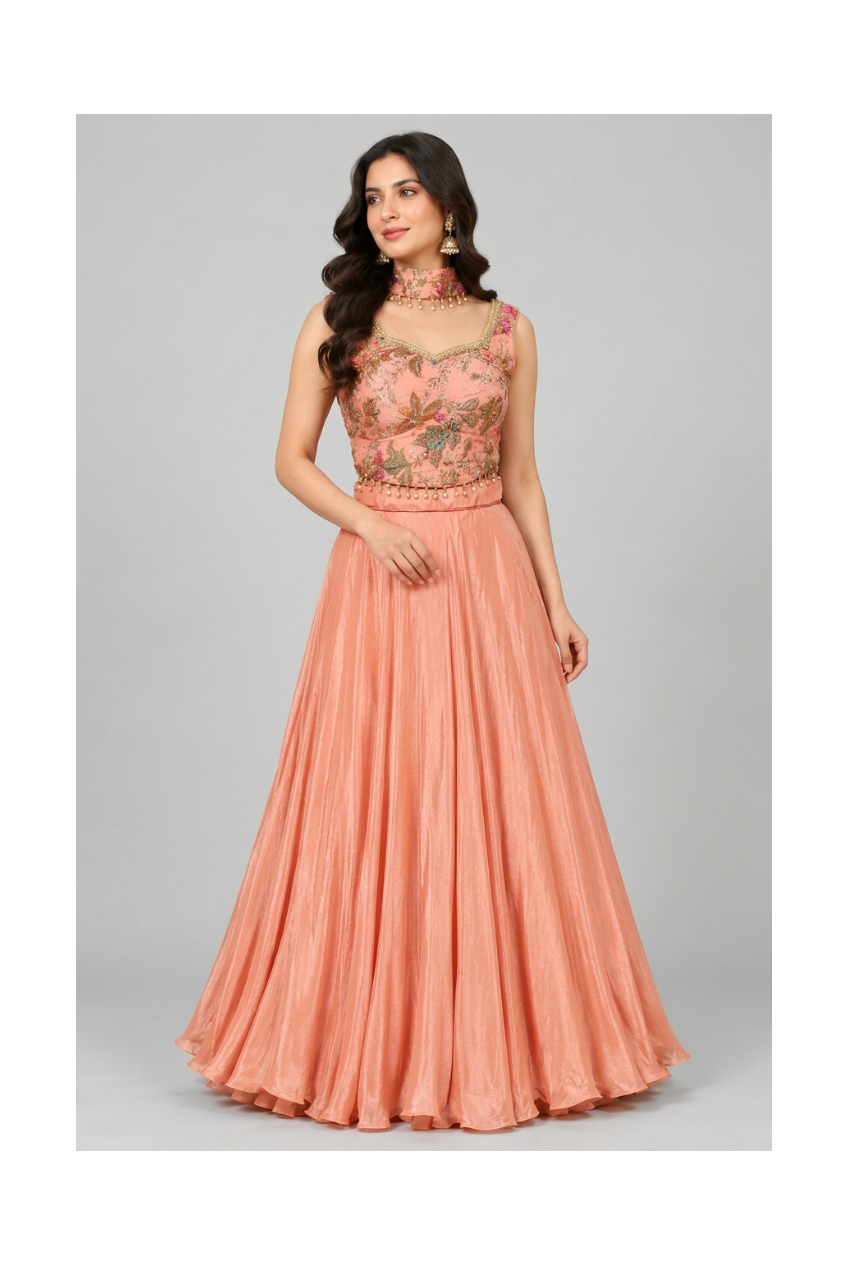 Peach Coral Embroidered Tissue Lehenga Set