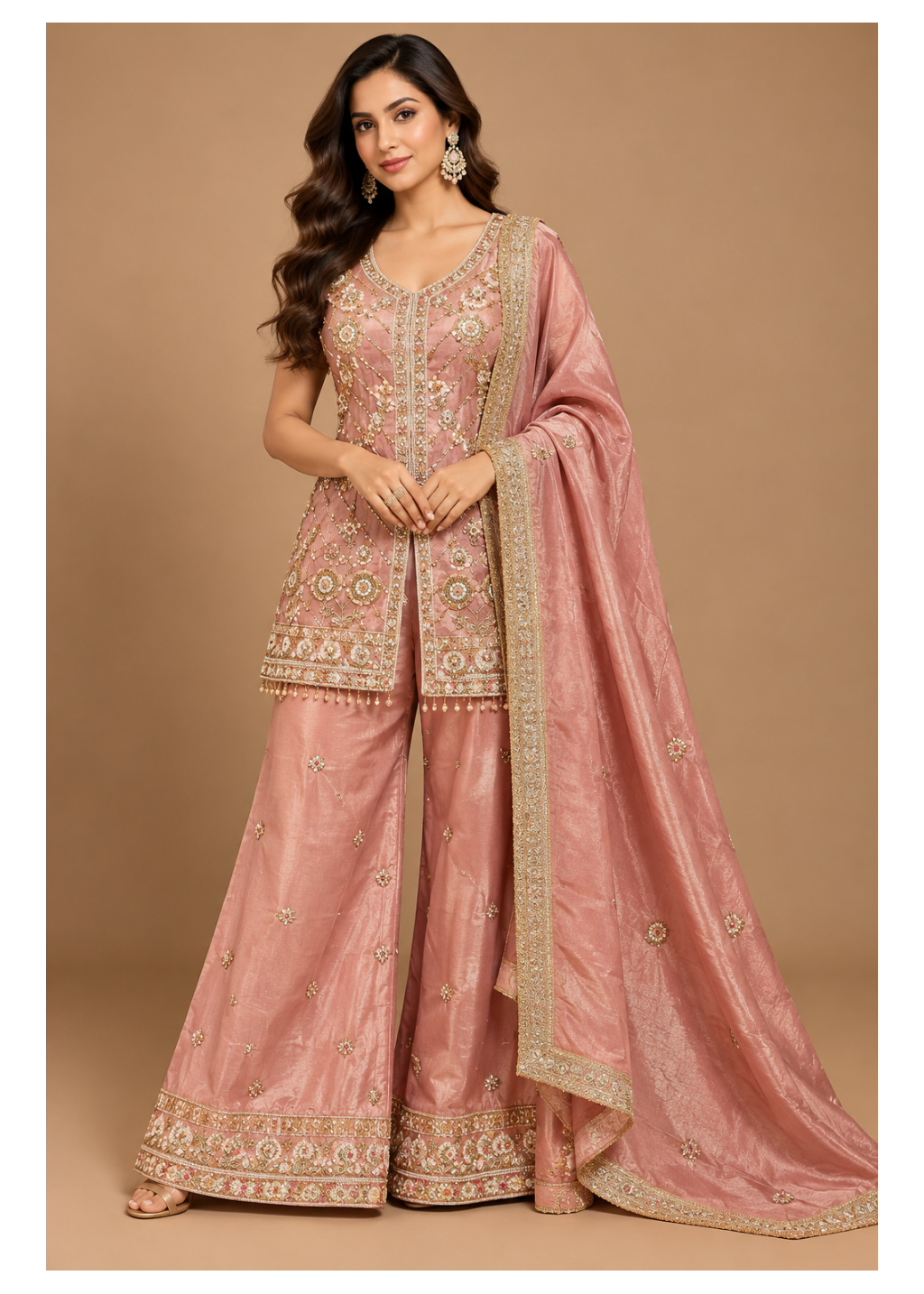 Dusty Rose Handcrafted Organza Sharara Set