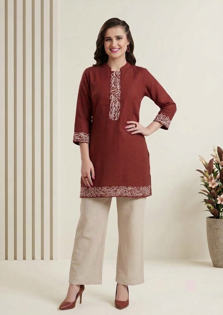 Maroon Embroidered Kurta Beige Palazzo Set for Women