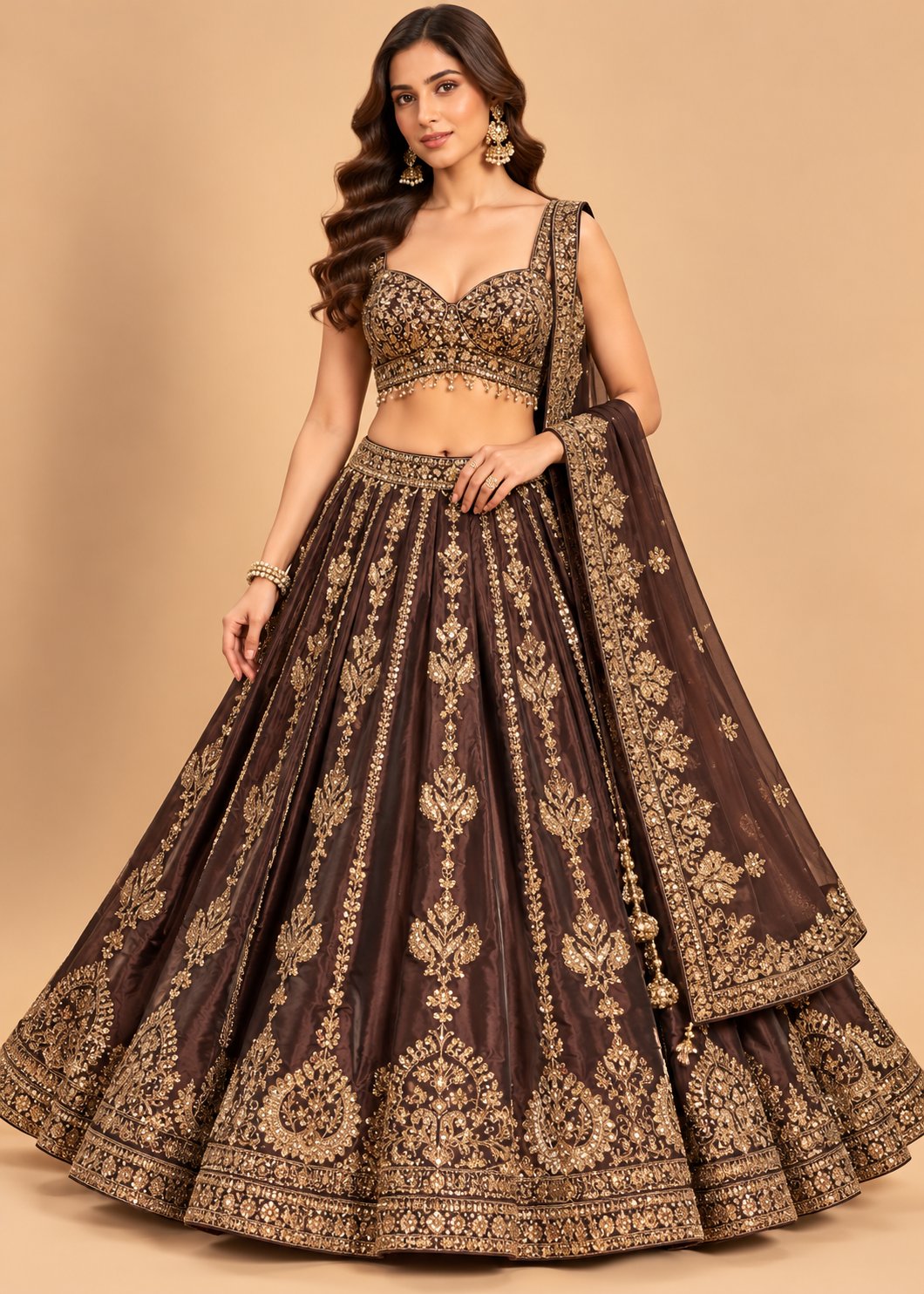 Chocolate Brown Embroidered Lehenga