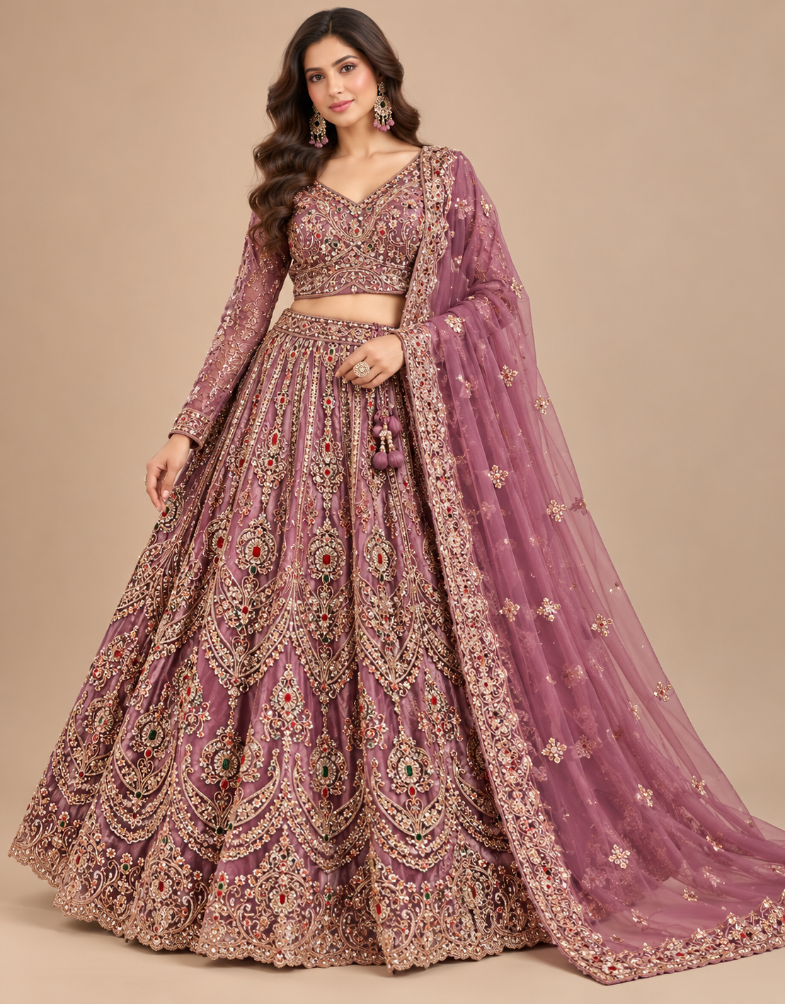 Dusty Wine-Mauve Jewel-Embroidered Full-Sleeve Bridal Lehenga Choli Set