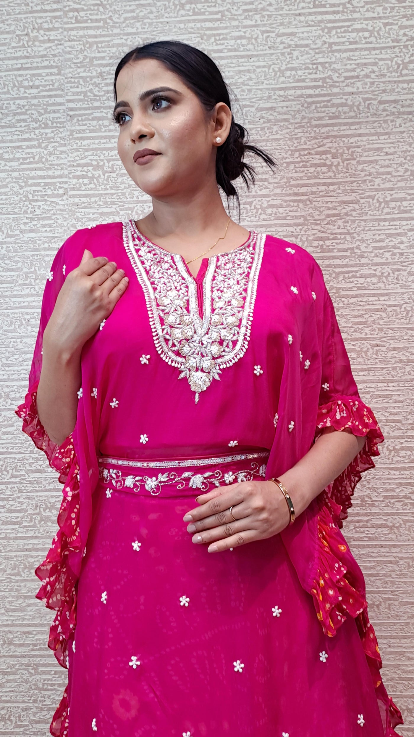 Trendy Kaftan Dress In Vibrant Rani Pink Color With Bandhej Skirt In Chiffon Fabric