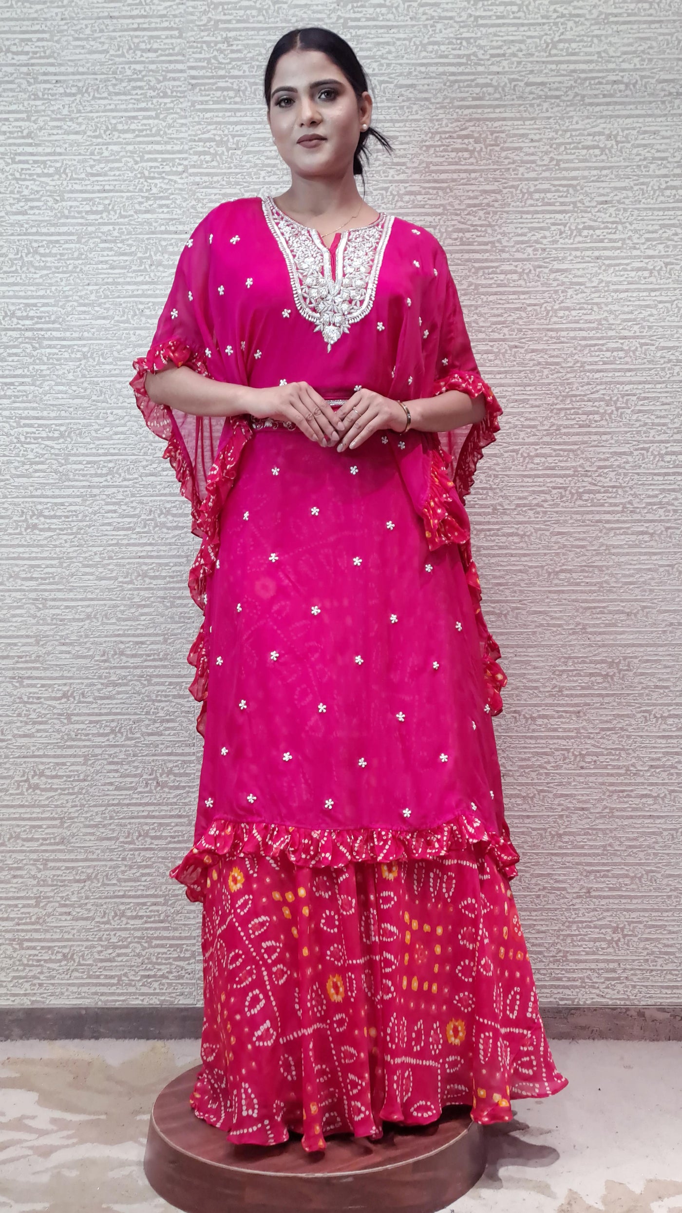 Trendy Kaftan Dress In Vibrant Rani Pink Color With Bandhej Skirt In Chiffon Fabric