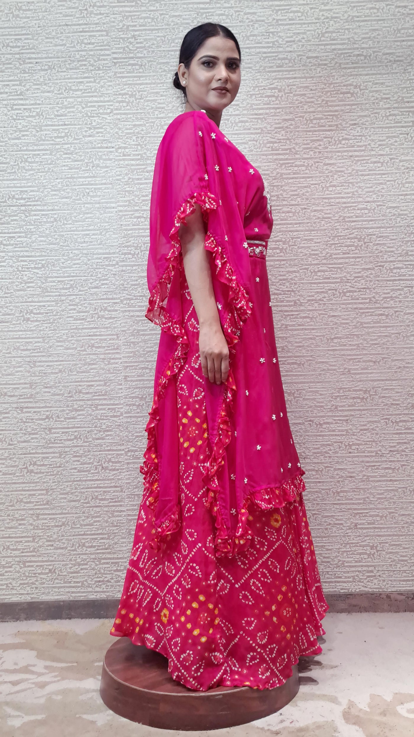 Trendy Kaftan Dress In Vibrant Rani Pink Color With Bandhej Skirt In Chiffon Fabric