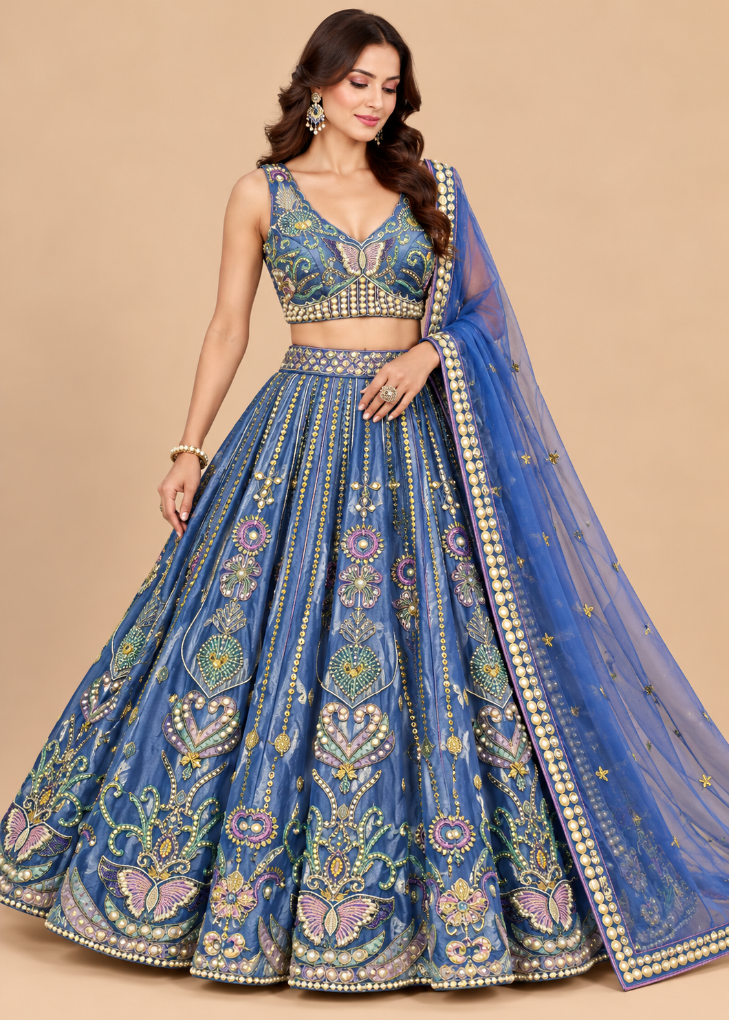 Power Blue Embroidered Lehenga Set Main image