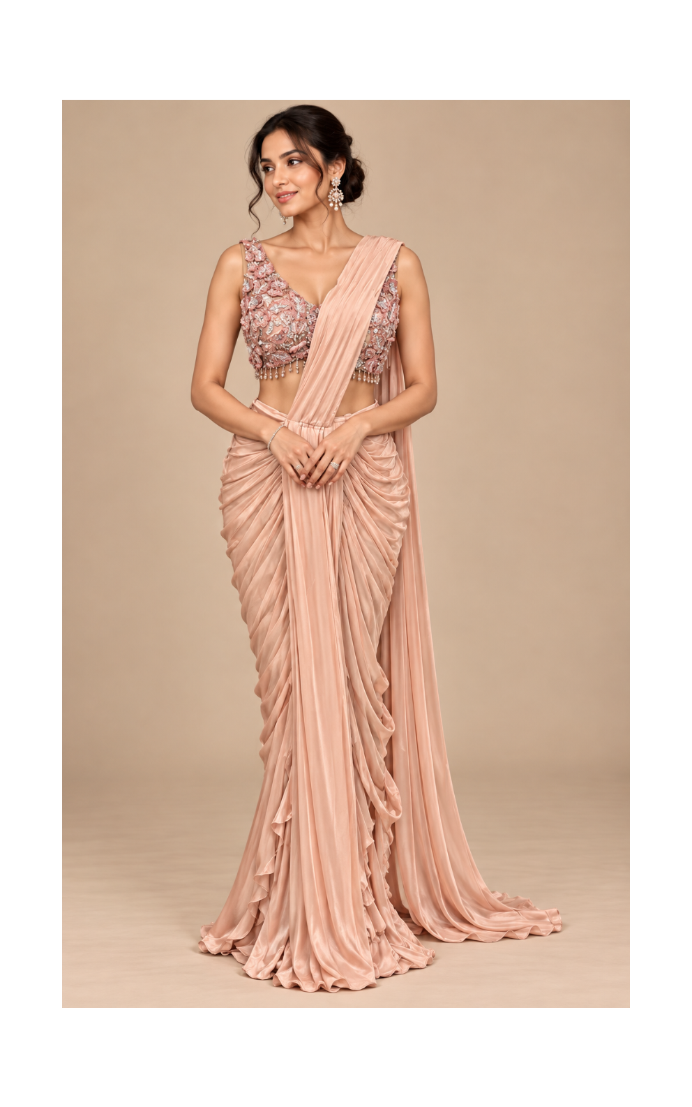 Peach Draped Saree with Floral  Blouse and Cascading Pleated Pallu