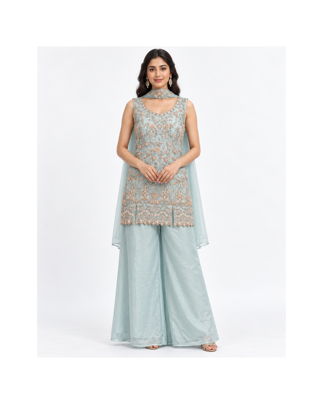 Aqua Blue Embroidered Palazzo Set
