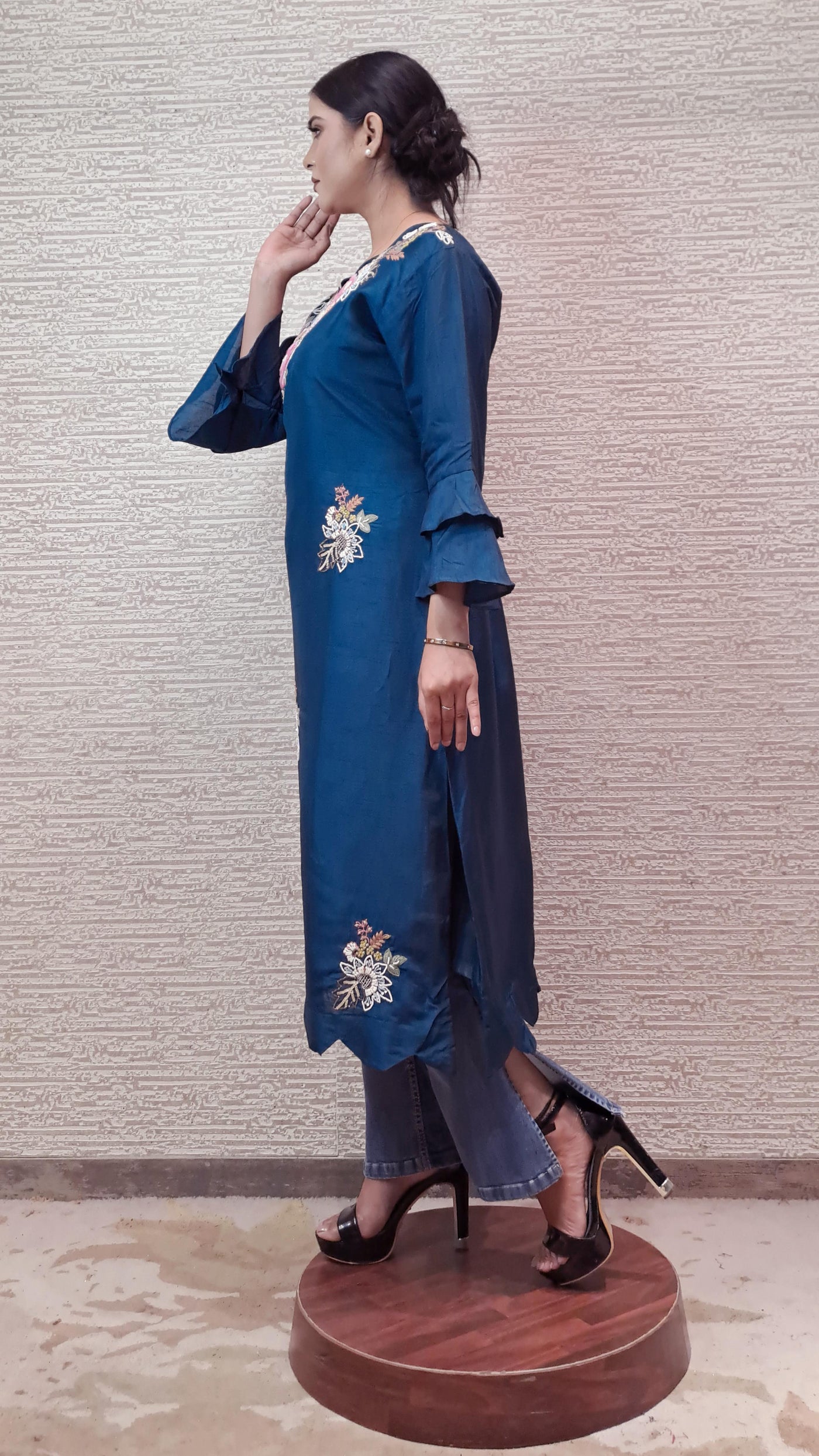 Stunning Deep Teal Blue Bell Sleeves Kurti With 3D Floral Embroidery