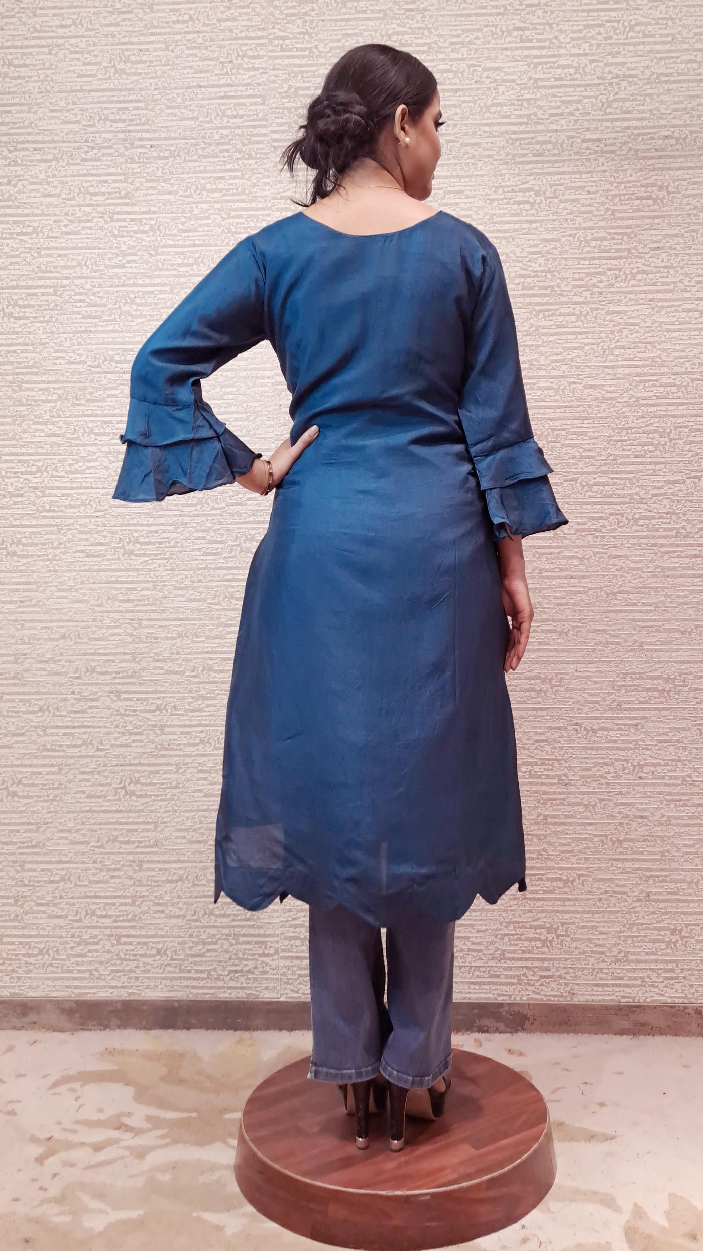 Stunning Deep Teal Blue Bell Sleeves Kurti With 3D Floral Embroidery