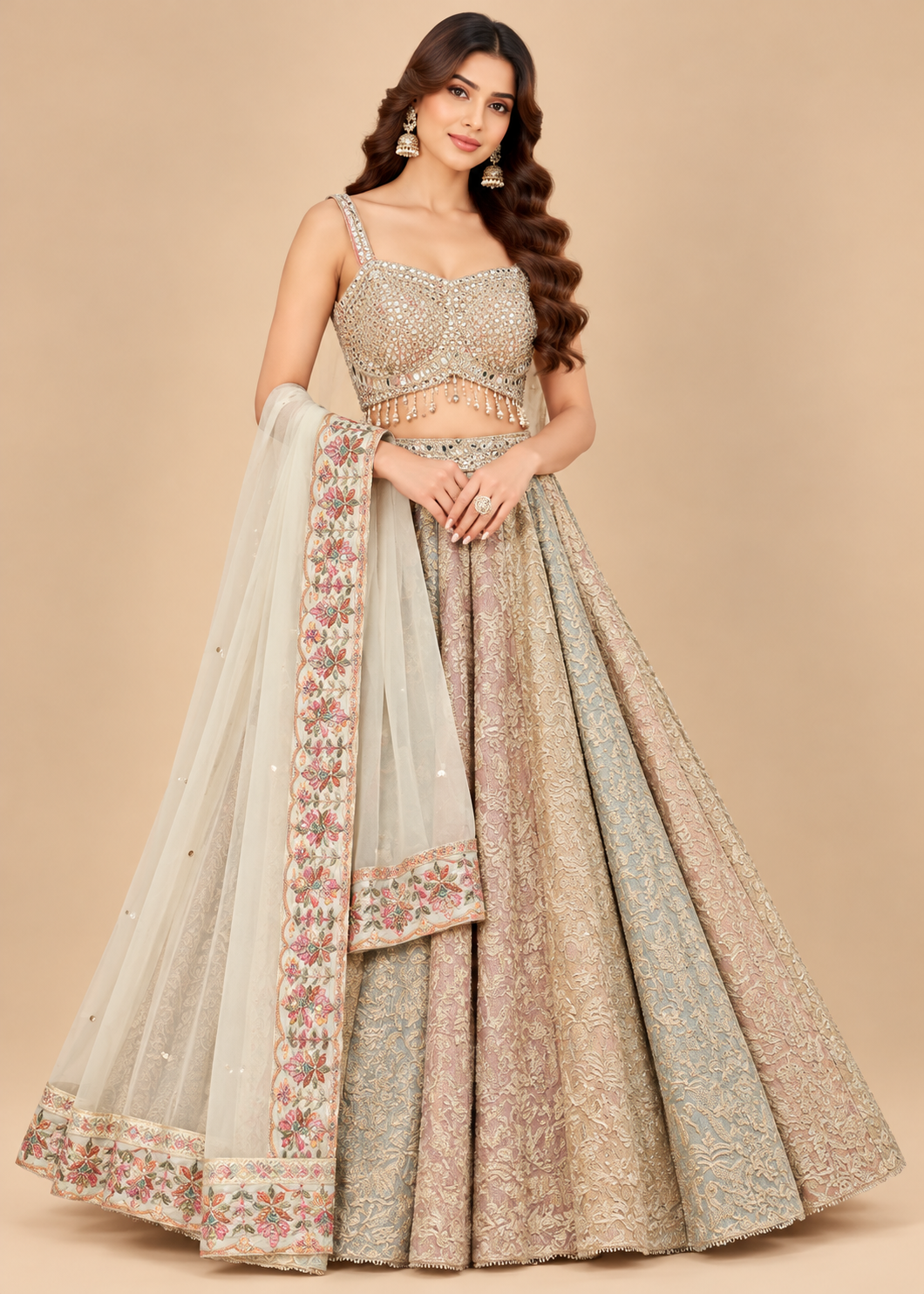 Pastel Multi-Tone Embroidered Bridal Lehenga Set