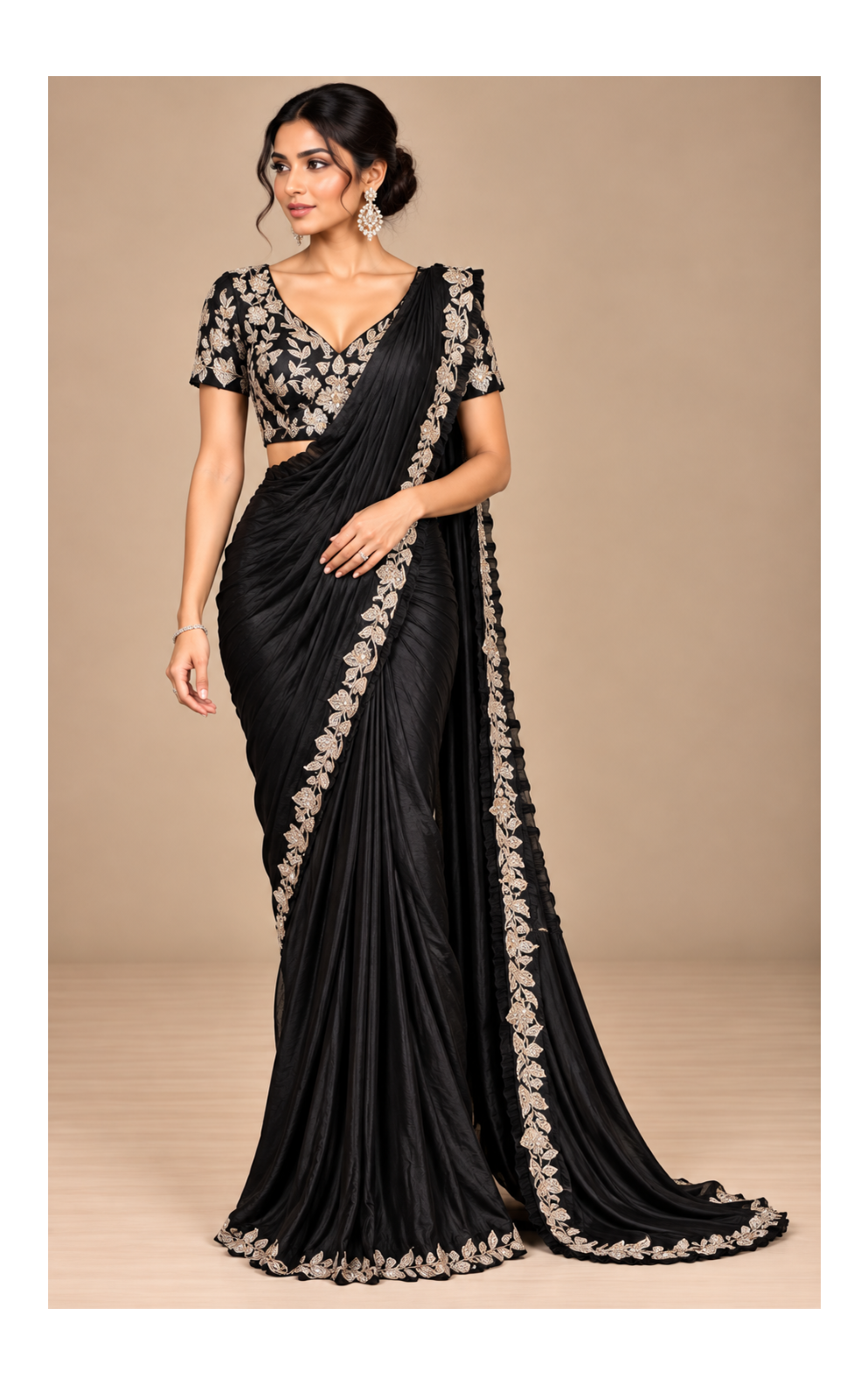 Title: Black Saree with Champagne Floral Vine Embroidery, Ruffled Border Main image