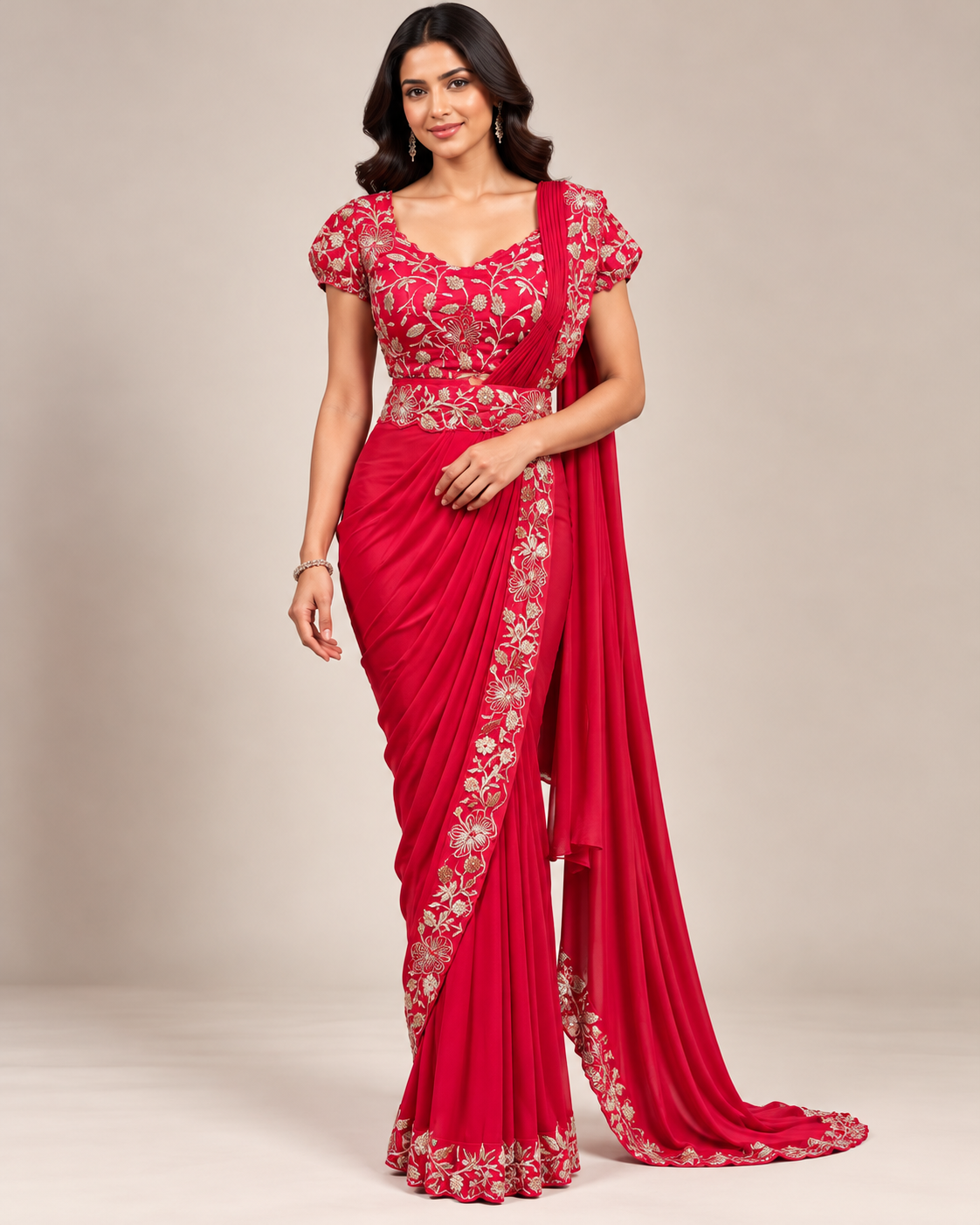 Red Floral Embroidered Saree with Belt