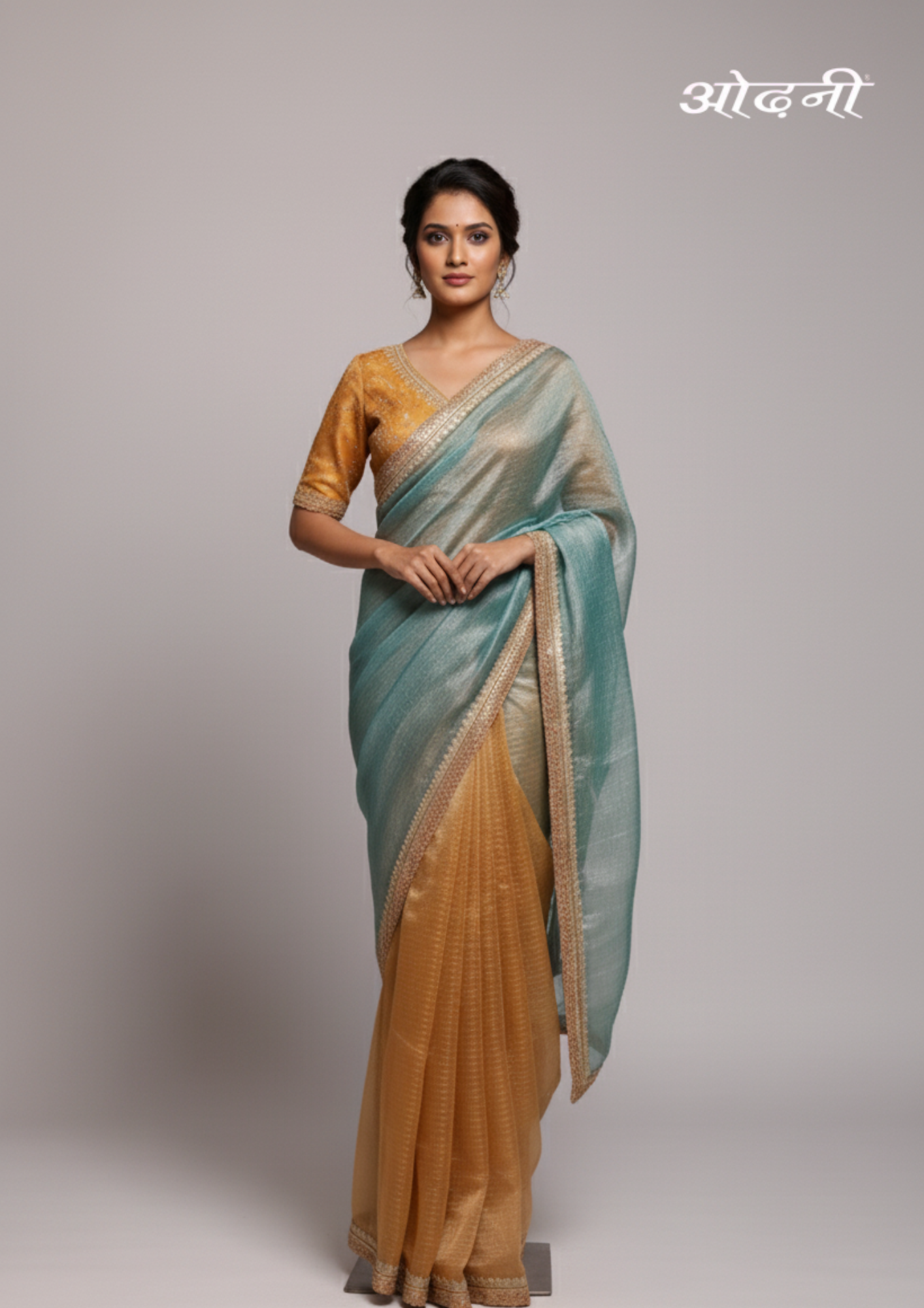 Gold and Aqua Tissue Saree (SAR-14438 R-19) Main image