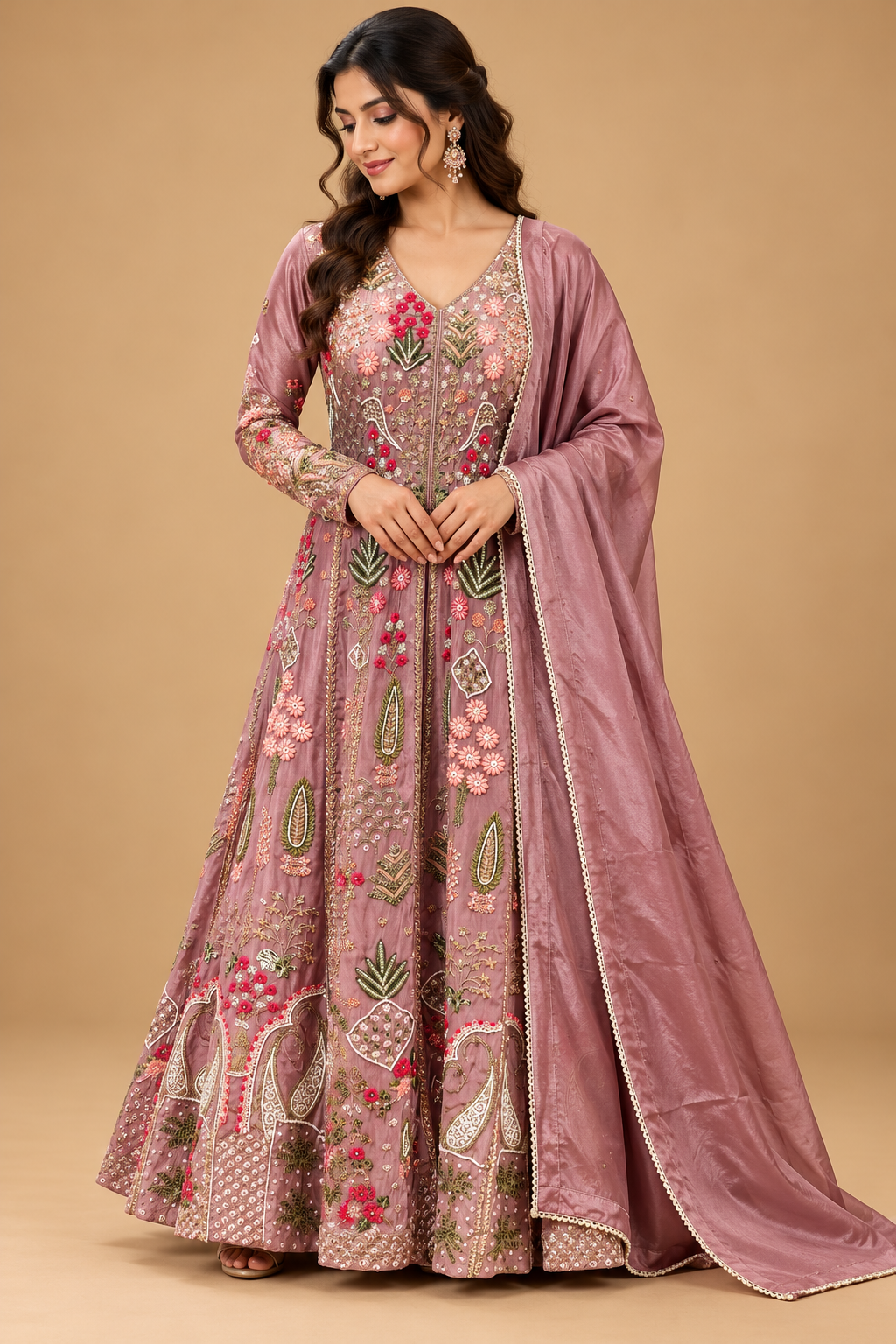 Dusty Mauve Resham Embroidered Anarkali Gown