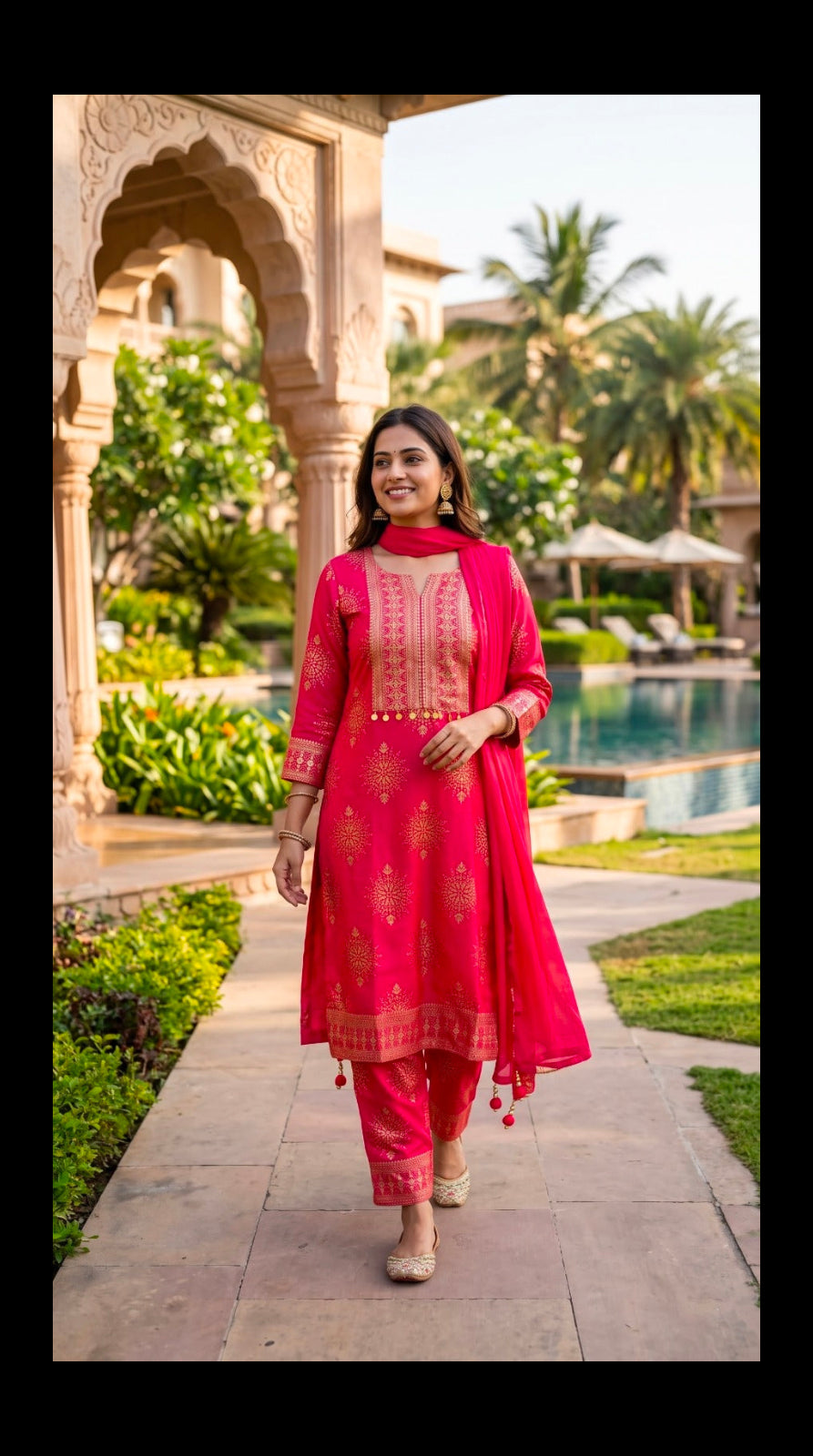 Fuchsia Gold Printed Salwar Suit Main image